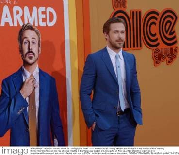 Cast member Ryan Gosling attends the premiere of the motion picture comedy thriller The Nice Guys at the TCL Chinese Theatre in the Hollywood section of Los Angeles on May 10, 2016. Storyline: A private eye investigates the apparent suicide of a fading porn star in 1970s Los Angeles and uncovers a conspiracy.  LAP2016051004 JIMxRUYMEN