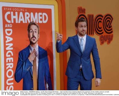Cast member Ryan Gosling attends the premiere of the motion picture comedy thriller The Nice Guys at the TCL Chinese Theatre in the Hollywood section of Los Angeles on May 10, 2016. Storyline: A private eye investigates the apparent suicide of a fading porn star in 1970s Los Angeles and uncovers a conspiracy.  LAP2016051007 JIMxRUYMEN