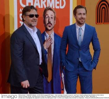 Cast members Russell Crowe (L) and Ryan Gosling attend the premiere of the motion picture comedy thriller The Nice Guys at the TCL Chinese Theatre in the Hollywood section of Los Angeles on May 10, 2016. Storyline: A private eye investigates the apparent suicide of a fading porn star in 1970s Los Angeles and uncovers a conspiracy.  LAP2016051008 JIMxRUYMEN