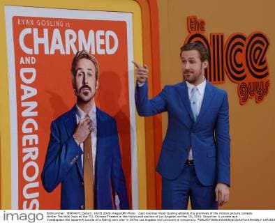 Cast member Ryan Gosling attends the premiere of the motion picture comedy thriller The Nice Guys at the TCL Chinese Theatre in the Hollywood section of Los Angeles on May 10, 2016. Storyline: A private eye investigates the apparent suicide of a fading porn star in 1970s Los Angeles and uncovers a conspiracy.  LAP2016051006 JIMxRUYMEN