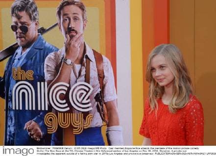 Cast member Angourie Rice attends the premiere of the motion picture comedy thriller The Nice Guys at the TCL Chinese Theatre in the Hollywood section of Los Angeles on May 10, 2016. Storyline: A private eye investigates the apparent suicide of a fading porn star in 1970s Los Angeles and uncovers a conspiracy.  LAP2016051053 JIMxRUYMEN