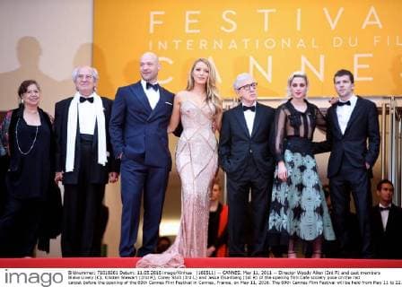 (160511) -- CANNES, May 11, 2011 -- Director Woody Allen (3rd R) and cast members Blake Lively (C), Kristen Stewart (2nd R), Corey Stoll (3rd L) and Jesse Eisenberg (1st R) of the opening film Cafe society pose on the red carpet before the opening of the 69th Cannes Film Festival in Cannes, France, on May 11, 2016. The 69th Cannes Film Festival will be held from May 11 to 22. ) FRANCE-CANNES-FILM FESTIVAL-OPENING CEREMONY JinxYu 