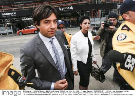 May 11, 2016 - Toronto, Canada - TORONTO, ON - MAY 11 - Jian Ghomeshi and his lawyer Marie Henein arrive at Old City Hall court. A charge of sexual assault against Ghomeshi was withdrawn this morning after the former CBC broadcaster apologized to a former colleague in court and signed a peace bond. May 11, 2016. Toronto Canada  - ZUMAt14_