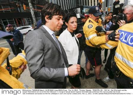May 11, 2016 - Toronto, Canada - TORONTO, ON - MAY 11 - Jian Ghomeshi and his lawyer Marie Henein arrive at Old City Hall court. A charge of sexual assault against Ghomeshi was withdrawn this morning after the former CBC broadcaster apologized to a former colleague in court and signed a peace bond. May 11, 2016. Toronto Canada  - ZUMAt14_