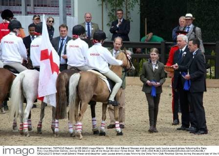 British royal Edward Wessex and daughter Lady Louise award prizes following the Daks Pony Club Mounted Games, during the second day of the Royal Windsor Horse Show. MAY 14th 2016  GRGx161373