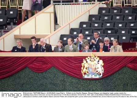 British royals Sophie Wessex, Edward Wessex and daughter Lady Louise watch the Shetland Pony Grand National, during the second day of the Royal Windsor Horse Show. MAY 14th 2016  GRGx161373