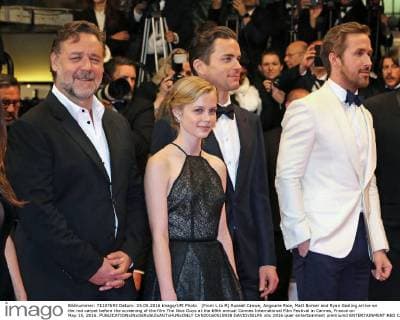(From L to R) Russell Crowe, Angourie Rice, Matt Bomer and Ryan Gosling arrive on the red carpet before the screening of the film The Nice Guys at the 69th annual Cannes International Film Festival in Cannes, France on May 15, 2016.  CAN20160515938 DAVIDxSILPA