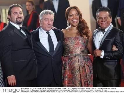 (From L to R) Jonathan Jakubowicz, Robert De Niro, Grace Hightower and Roberto Duran arrive on the steps of the Palais des Festivals before the screening of the film Hands of Stone during the 69th annual Cannes International Film Festival in Cannes, France on May 16, 2016.  CAN20160516808 DAVIDxSILPA