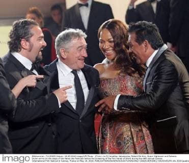 (From L to R) Jonathan Jakubowicz, Robert De Niro, Grace Hightower and Roberto Duran arrive on the steps of the Palais des Festivals before the screening of the film Hands of Stone during the 69th annual Cannes International Film Festival in Cannes, France on May 16, 2016.  CAN20160516812 DAVIDxSILPA