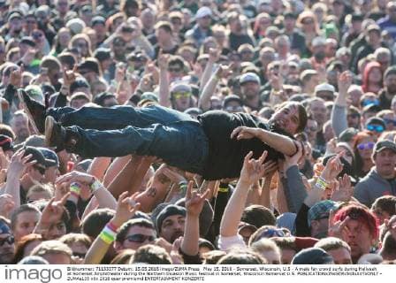 May 15, 2016 - Somerset, Wisconsin, U.S - A male fan crowd surfs during Hellyeah at Somerset Amphitheater during the Northern Invasion Music Festival in Somerset, Wisconsin Somerset U.S. - ZUMAs135