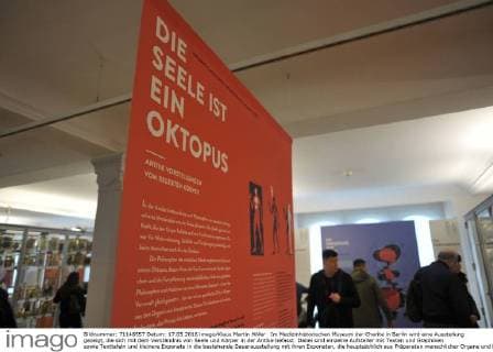Im Medizinhistorischen Museum der Charite in Berlin wird eine Ausstellung gezeigt, die sich mit dem Verständnis von Seele und Körper in der Antike befasst. Dabei sind einzelne Aufsteller mit Texten und Graphiken sowie Texttafeln und kleinere Exponate in die bestehende Dauerausstellung mit ihren Exponaten, die hauptsächlich aus Präparaten menschlicher Organe und Knochen besteht, eingebunden. Ausstellung Die Seele ist ein Oktopus - antike Vorstellungen vom belebten Körper