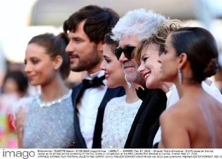 (160517) -- CANNES, May 17, 2016 -- Director Pedro Almodovar (3rd R) poses on the red carpet as he arrives for the screening of the film Julieta in competition at the 69th Cannes Film Festival in Cannes, France, May 17, 2016. ) FRANCE-CANNES-FILM FESTIVAL-JULIETA-RED CARPET JinxYu 