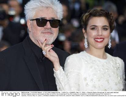 (160517) -- CANNES, May 17, 2016 -- Director Pedro Almodovar (L) and cast member Adriana Ugarte pose on red carpet as they arrive for the screening of the film Julieta in competition at the 69th Cannes Film Festival in Cannes, France, May 17, 2016. ) FRANCE-CANNES-FILM FESTIVAL-JULIETA-RED CARPET JinxYu 