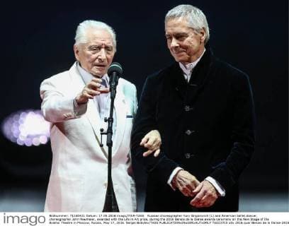 Russian choreographer Yury Grigorovich (L) and American ballet dancer, choreographer John Neumeier, awarded with the Life in Art prize, during the 2016 Benois de la Danse awards ceremony on the New Stage of the Bolshoi Theatre in Moscow, Russia, May 17, 2016. Sergei Bobylev TASS  TS0237C5