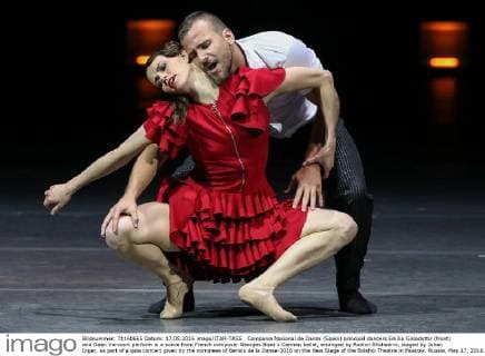 Compania Nacional de Danza (Spain) principal dancers Emilia Gisladottir (front) and Daan Vervoort perform in a scene from French composer Georges Bizet s Carmen ballet, arranged by Rodion Shchedrin, staged by Johan Inger, as part of a gala concert given by the nominees of Benois de la Danse-2016 on the New Stage of the Bolshoi Theatre in Moscow, Russia, May 17, 2016. Sergei Bobylev TASS  TS0237D6