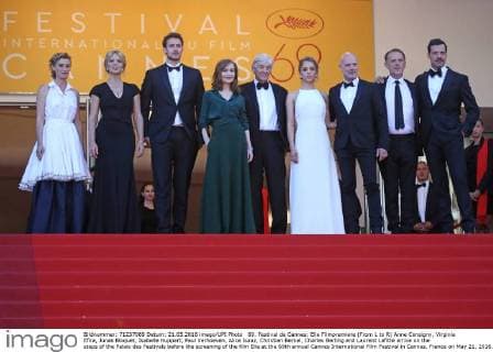 69. Festival de Cannes: Elle Filmpremiere (From L to R) Anne Consigny, Virginie Efira, Jonas Bloquet, Isabelle Huppert, Paul Verhoeven, Alice Isaaz, Christian Berkel, Charles Berling and Laurent Lafitte arrive on the steps of the Palais des Festivals before the screening of the film Elle at the 69th annual Cannes International Film Festival in Cannes, France on May 21, 2016.  CAN20160521808 DAVIDxSILPA