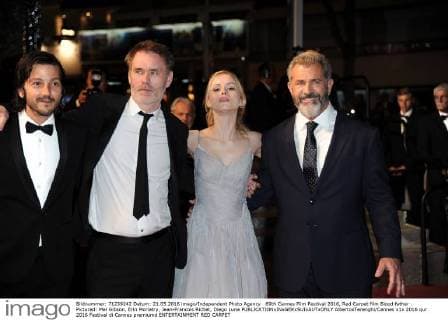 69th Cannes Film Festival 2016, Red Carpet film Blood father . Pictured: Mel Gibson, Erin Moriatry, Jean-Francois Richet, Diego Luna  AlbertoxTerenghi Cannes