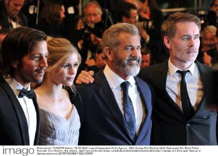 69th Cannes Film Festival 2016, Red carpet film Blood Father . Pictured: Erin Moriarty, Mel Gibson, Jean Francois Richet, Diego Luna  Cannes