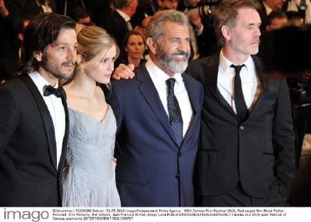 69th Cannes Film Festival 2016, Red carpet film Blood Father . Pictured: Erin Moriarty, Mel Gibson, Jean Francois Richet, Diego Luna  Cannes