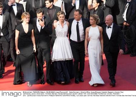 Anne Consigny, Virginie Efira, Jonas Bloquet, Isabelle Huppert, director Paul Verhoeven, actors Alice Isaaz, Christian Berkel, Charles Berling and Laurent Lafitte - 69. Internationales Filmfestival Cannes, Premiere - Elle - 21 05 2016 Viktor Panoramic 