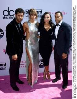 (L-R) Russell Wilson, host Ciara, Eudoxie Mbouguiengue and host Ludacris attend the annual Billboard Music Awards held at T-Mobile Arena in Las Vegas, Nevada on May 22, 2016.  LAV20160522031 JIMxRUYMEN