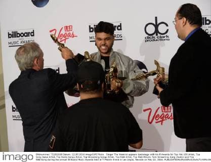 Singer The Weeknd appears backstage with his 8 Awards for Top Hot 100 Artist, Top Song Sales Artist, Top Radio Songs Artist, Top Streaming Songs Artist, Top R&B Artist, Top R&B Album, Tom Streaming Song (Audio) and Top R&B Song during the annual Billboard Music Awards held at T-Mobile Arena in Las Vegas, Nevada on May 22, 2016.  LAV20160522164 JIMxRUYMEN