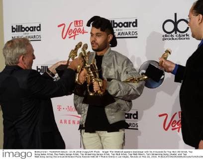 Singer The Weeknd appears backstage with his 8 Awards for Top Hot 100 Artist, Top Song Sales Artist, Top Radio Songs Artist, Top Streaming Songs Artist, Top R&B Artist, Top R&B Album, Tom Streaming Song (Audio) and Top R&B Song during the annual Billboard Music Awards held at T-Mobile Arena in Las Vegas, Nevada on May 22, 2016.  LAV20160522165 JIMxRUYMEN