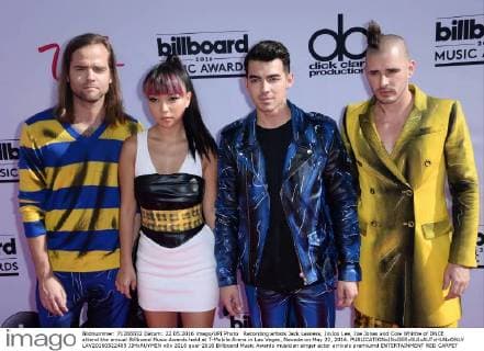 Recording artists Jack Lawless, JinJoo Lee, Joe Jonas and Cole Whittle of DNCE attend the annual Billboard Music Awards held at T-Mobile Arena in Las Vegas, Nevada on May 22, 2016.  LAV20160522409 JIMxRUYMEN