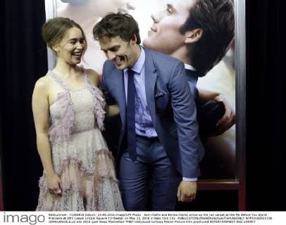 Sam Claflin and Emilia Clarke arrive on the red carpet at the Me Before You World Premiere at AMC Loews Lincoln Square 13 theater on May 23, 2016 in New York City.  NYP20160523106 JOHNxANGELILLO