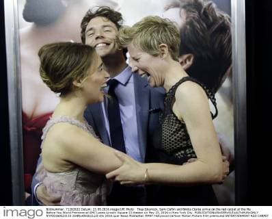 Thea Sharrock, Sam Claflin and Emilia Clarke arrive on the red carpet at the Me Before You World Premiere at AMC Loews Lincoln Square 13 theater on May 23, 2016 in New York City.  NYP20160523110 JOHNxANGELILLO