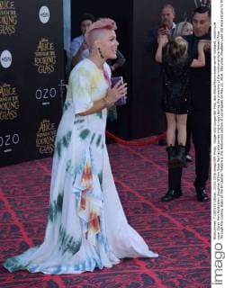 Singer and songwriter Pink, aka Alecia Moore poses as her husband, motorcycle racer Carey Hart holds their daughter Willow Sage Hart as she jumps (right, rear) during the premiere of the motion picture fantasy Alice Through the Looking Glass at the El Capitan Theatre in the Hollywood section of Los Angeles on May 23, 2016. Storyline: Nineteen-year-old Alice returns to the magical world from her childhood adventure, where she reunites with her old friends and learns of her true destiny: to end the Red Queen s reign of terror.  LAP2016052354 JIMxRUYMEN