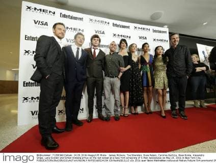 James McAvoy, Tye Sheridan, Evan Peters, Carolina Bartcza, Rose Byrne, Alexandra Shipp, Lana Condor and Simon Kinberg arrive on the red carpet at a New York screening of X-Men Apocalypse on May 24, 2016 in New York City.  NYP20160524104 JOHNxANGELILLO