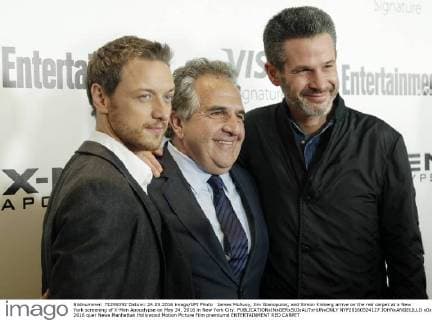 James McAvoy, Jim Gianopulos, and Simon Kinberg arrive on the red carpet at a New York screening of X-Men Apocalypse on May 24, 2016 in New York City.  NYP20160524127 JOHNxANGELILLO