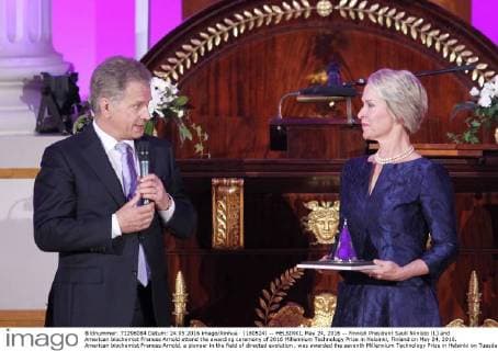 (160524) -- HELSINKI, May 24, 2016 -- Finnish President Sauli Niinisto (L) and American biochemist Frances Arnold attend the awarding ceremony of 2016 Millennium Technology Prize in Helsinki, Finland on May 24, 2016. American biochemist Frances Arnold, a pioneer in the field of directed evolution , was awarded the seventh Millennium Technology Prize in Helsinki on Tuesday. ) FINLAND-HELSINKI-MILLENNIUM PRIZE-AWARD ZhangxXuan 