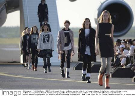 Models presented collection of Korean designer Hyein Seo during the Ultimate Runway Fashion Show at Helsinki Airport, Finland, on May 24, 2016. A unique fashion show was held on Tuesday night at the Runway 2 of Helsinki Airport, which was transformed into a catwalk and enabled seven designers from China, Korea, Japan, the UK, Sweden, Denmark and Finland to present their collections. ) FINLAND-HELSINKI-AIRPORT FASHION SHOW SergeixStepanov 
