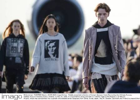 Models presented collection of Korean designer Hyein Seo during the Ultimate Runway Fashion Show at Helsinki Airport, Finland, on May 24, 2016. A unique fashion show was held on Tuesday night at the Runway 2 of Helsinki Airport, which was transformed into a catwalk and enabled seven designers from China, Korea, Japan, the UK, Sweden, Denmark and Finland to present their collections. ) FINLAND-HELSINKI-AIRPORT FASHION SHOW SergeixStepanov 