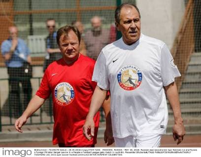 MOSCOW, RUSSIA - MAY 28, 2016: Russian jazz saxophonist Igor Butman (L) and Russia s Foreign Minister Sergei Lavrov in a People s Football League gala match in Luzhniki. Alexander Shcherbak TASS  TS024D9D