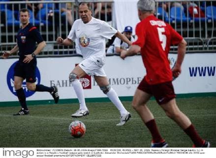 MOSCOW, RUSSIA - MAY 28, 2016: Russia s Foreign Minister Sergei Lavrov (L) in action in a People s Football League gala match in Luzhniki. Alexander Shcherbak TASS  TS024E38