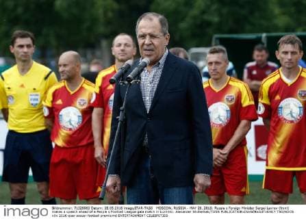 MOSCOW, RUSSIA - MAY 28, 2016: Russia s Foreign Minister Sergei Lavrov (front) makes a speech ahead of a People s Football League gala match in Luzhniki. Alexander Shcherbak TASS  TS024DCB