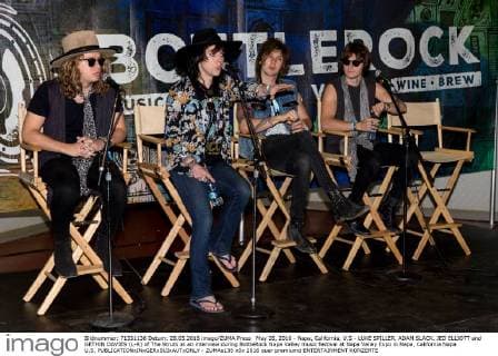 May 28, 2016 - Napa, California, U.S - LUKE SPILLER, ADAM SLACK, JED ELLIOTT and GETHIN DAVIES (L-R) of The Struts at an interview during BottleRock Napa Valley music festival at Napa Valley Expo in Napa, California Napa U.S. - ZUMAs135