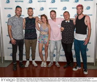 May 29, 2016 - Napa, California, U.S - MIKE MURPHY, ETIENNE BOWLER, MANDY LEE, MARC CAMPBELL, JESSE BLUM and WILLIAM HEHIR (L-R) of Misterwives pose on the red carpet during BottleRock Napa Valley music festival at Napa Valley Expo in Napa, California Napa U.S. - ZUMAs135