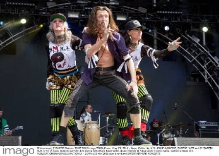 May 29, 2016 - Napa, California, U.S - PAMELA RACINE, EUGENE HUTZ and ELIZABETH SUN (L-R) of Gogol Bordello perform live during BottleRock Napa Valley music festival at Napa Valley Expo in Napa, California Napa U.S. - ZUMAs135