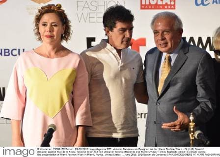 Antonio Banderas als Designer bei der Miami Fashion Week - PK (L-R) Spanish designer Agatha Ruiz de la Prada, Spanish actor and new designer Antonio Banderas and Miami s Mayor Tomas Regalado deliver a presser during the presentation of Miami Fashion Week in Miami, Florida, United States, 1 June 2016. EFE Gaston de Cardenas SPANISH DESIGNERS AT MIAMI FASHION WEEK !ACHTUNG: NUR REDAKTIONELLE NUTZUNG!  MIA007 20160601-636004188735296780