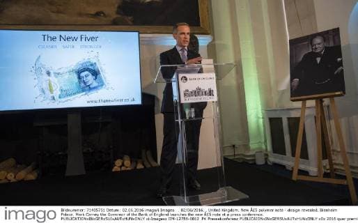 Kanada, Mark Carney wird neuer Premierminister, Archivbilder . 02 06 2016. , United Kingdom. New Â£5 polymer note - design revealed. Blenheim Palace. Mark Carney the Governor of the Bank of England launches the new Â£5 note at a press conference.  xi-Imagesx IIM-12786-0012