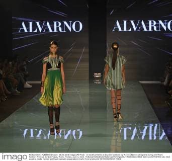 A model presents a day time creation by Alvarno fashion designers during the Miami Fashion Week at the Ice Palace, Miami, Florida, June 3, 2016.  MIA20160603402 GARYxIxROTHSTEIN