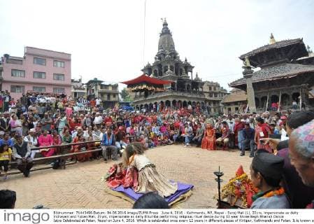 June 4, 2016 - Kathmandu, NP, Nepal - Saroj Mali (L), 22yrs, impersonate as deity Indrayani and Yuban Mali, 21yrs, impersonate as deity Dhumba performing religious ritual dance during 12 year Shree Bagh Bhairab Dance Jatra Celebrated at Patan, Nepal on June 4, 2016. Which is celebrated once every 12 years in different places of Kirtipur, Kathmandu and Patan. It is known as Barha Barse Shree Bagh Bhairab Jatra in local Nepali language. Kathmandu Nepal - ZUMAn230