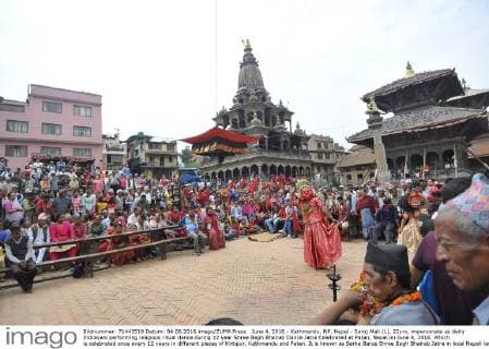 June 4, 2016 - Kathmandu, NP, Nepal - Saroj Mali (L), 22yrs, impersonate as deity Indrayani performing religious ritual dance during 12 year Shree Bagh Bhairab Dance Jatra Celebrated at Patan, Nepal on June 4, 2016. Which is celebrated once every 12 years in different places of Kirtipur, Kathmandu and Patan. It is known as Barha Barse Shree Bagh Bhairab Jatra in local Nepali language. Kathmandu Nepal  - ZUMAn230