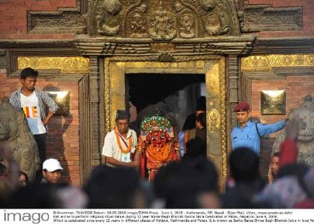June 4, 2016 - Kathmandu, NP, Nepal - Dijen Mali, 19yrs, impersonate as deity Kali arrive to perform religious ritual dance during 12 year Shree Bagh Bhairab Dance Jatra Celebrated at Patan, Nepal on June 4, 2016. Which is celebrated once every 12 years in different places of Kirtipur, Kathmandu and Patan. It is known as Barha Barse Shree Bagh Bhairab Jatra in local Nepali language. Kathmandu Nepal  - ZUMAn230