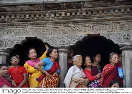 June 4, 2016 - Kathmandu, NP, Nepal - Devotees observing religious ritual dance during 12 year Shree Bagh Bhairab Dance Jatra Celebrated at Patan, Nepal on June 4, 2016. Which is celebrated once every 12 years in different places of Kirtipur, Kathmandu and Patan. It is known as Barha Barse Shree Bagh Bhairab Jatra in local Nepali language. Kathmandu Nepal  - ZUMAn230