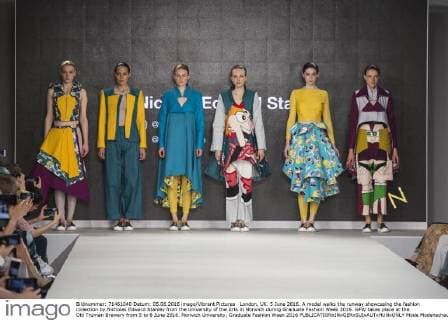 London, UK. 5 June 2016. A model walks the runway showcasing the fashion collection by Nicholas Edward Stanley from the University of the Arts in Norwich during Graduate Fashion Week 2016. GFW takes place at the Old Truman Brewery from 5 to 8 June 2016. Norwich University, Graduate Fashion Week 2016 